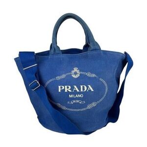 Prada Canapa Blue Canvas Messenger Tote with Logo